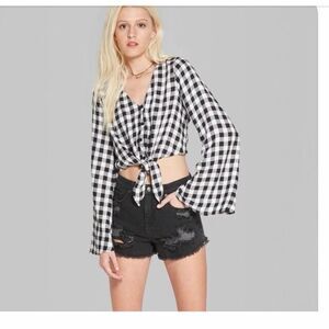 Wild Fable Black White Gingham Tie Front Crop Top Bell Sleeve Button Up NWT Size